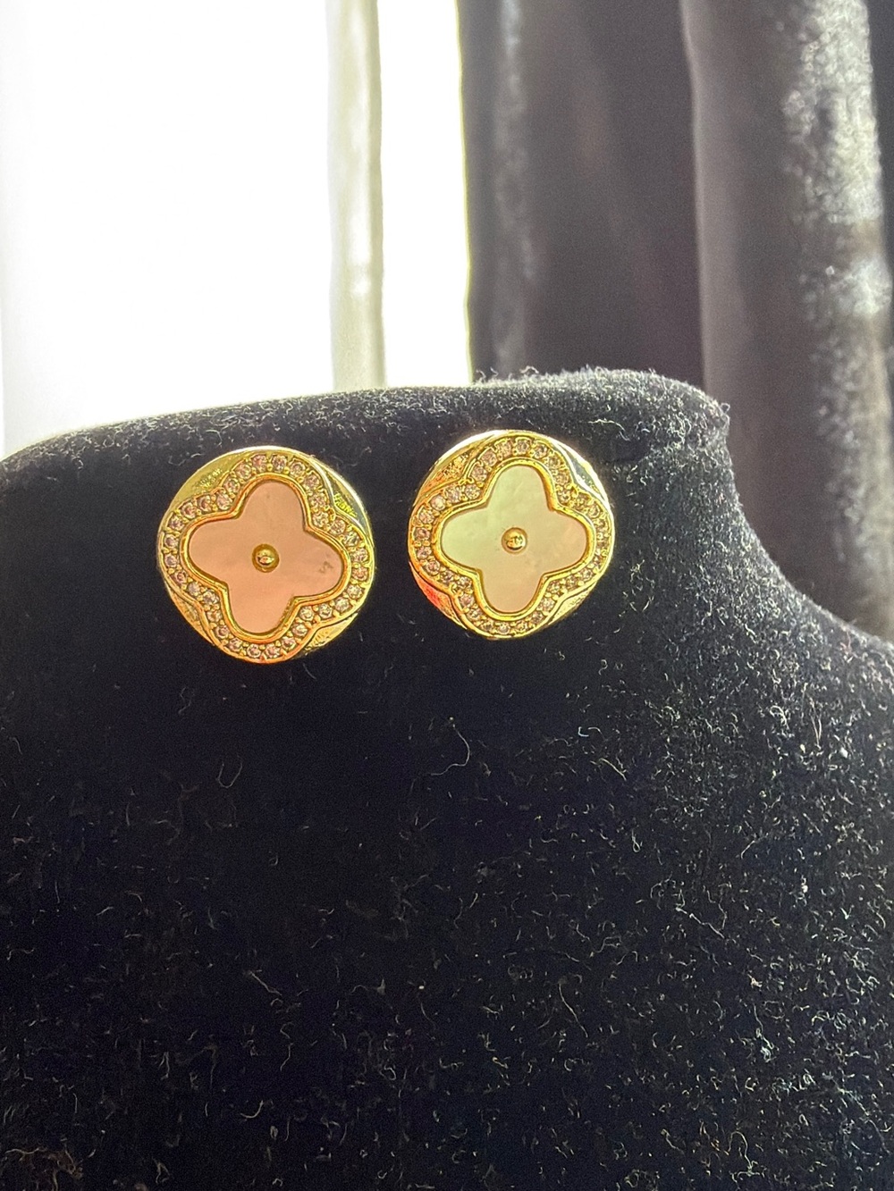 Gold-Tone Filled Cream Floral Inlay Stud Earrings